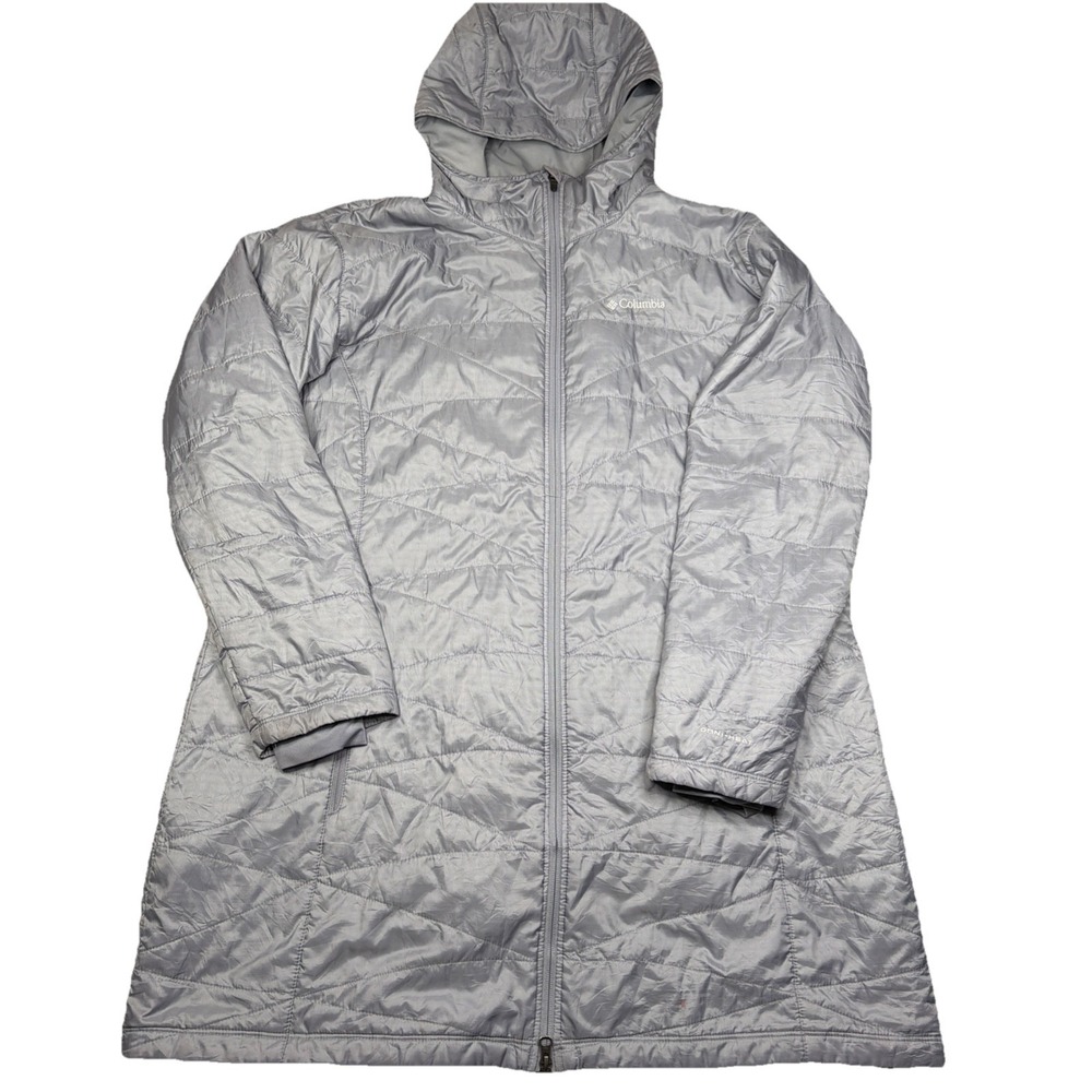 Columbia Women's 2X Mighty Lite Omni-Heat Insulated Hooded Coat Gray Silver Long